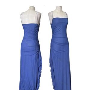 Vintage Y2K Blue Sparkly Maxi Dress Ruched Bodycon Fairy Prom Slip Glitter Gown